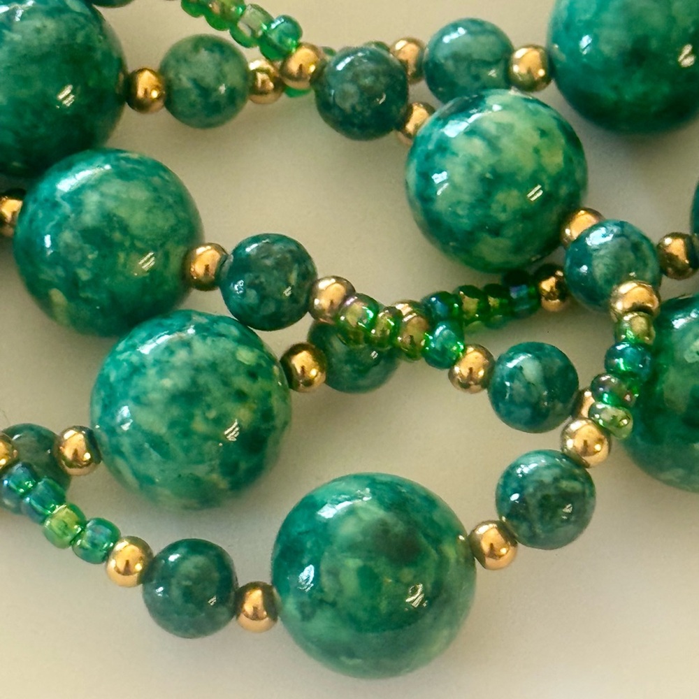 Emerald Marbled Beaded Necklace Gold Accents Long Luxe Statement Strand 31”